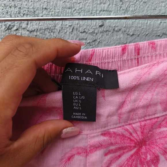 Tahari 100% Linen Palm Print Wide Leg Pants sz L Pink Coastal Resort Chic - Picture 3 of 7